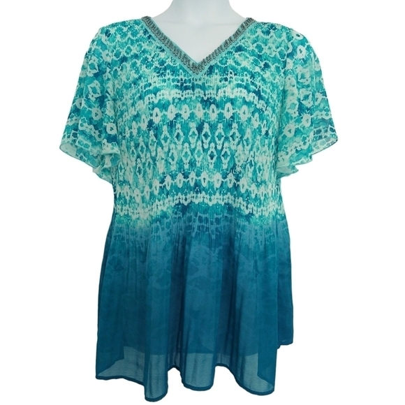 Catherines Teal Aqua Pleated Beaded V-Neck Flutter Sleeve Ombre Tunic Beachy - Picture 1 of 9